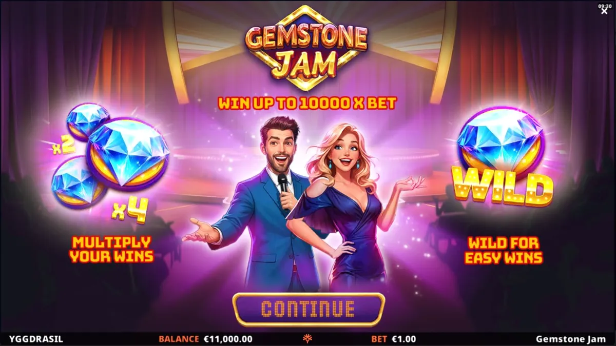 Tampilan visual slot Gemstone Jam dengan nuansa panggung TV yang glamor