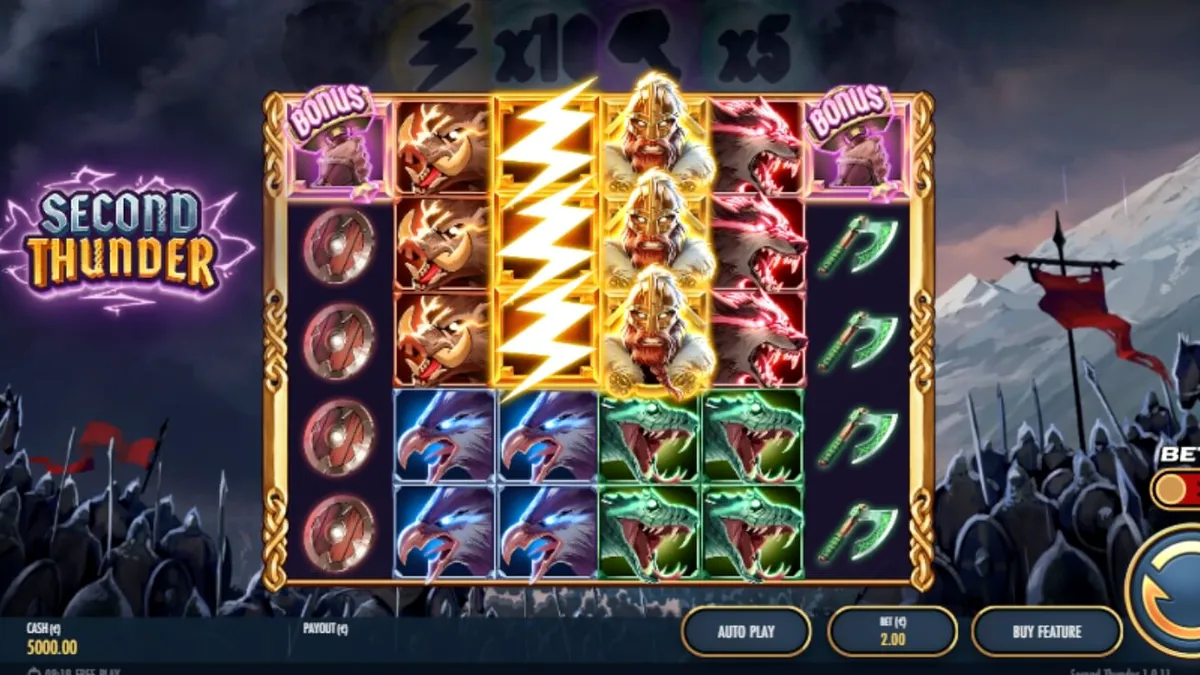Tampilan visual slot Second Thunder dengan latar belakang medan perang bersalju dan simbol-simbol bertema Viking.