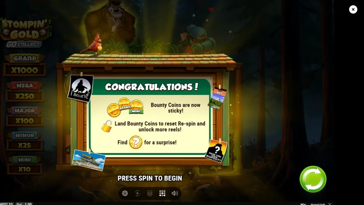 Tampilan visual slot Stompin’ Gold GO Collect dengan karakter yeti dan elemen petualangan hutan.